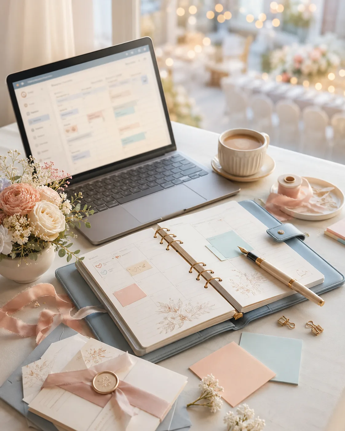 ウェディングプランナーのデスクと結婚式会場