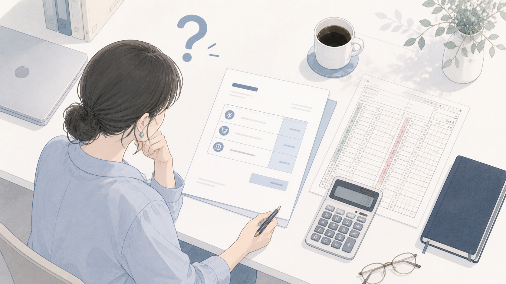 業務委託プランナーが請求書と源泉徴収について悩んでいる俯瞰イラスト