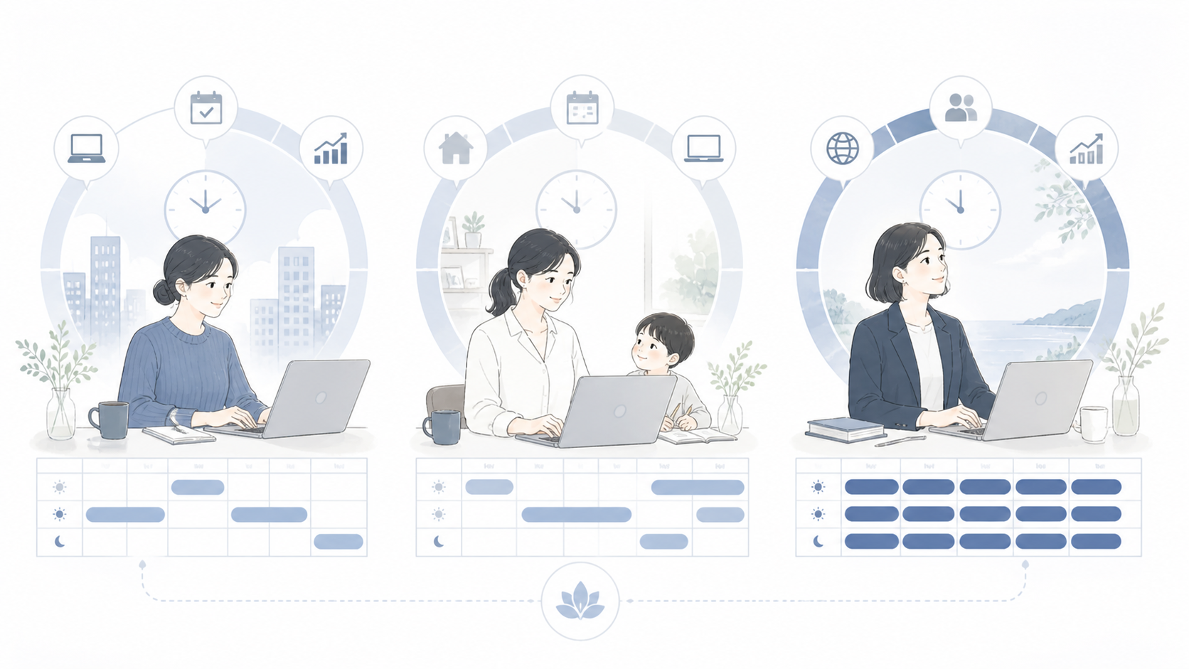 業務委託ウェディングプランナーの3層モデル(副業/子育て両立/独立専業)を1枚で示すコンセプトイラスト