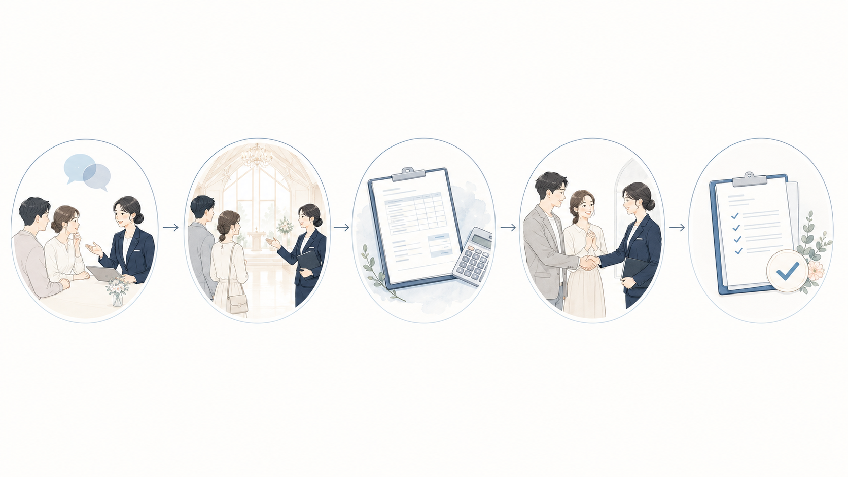 新規接客案件の業務フロー5ステップ(ヒアリング→会場内覧→見積提示→クロージング→成約処理