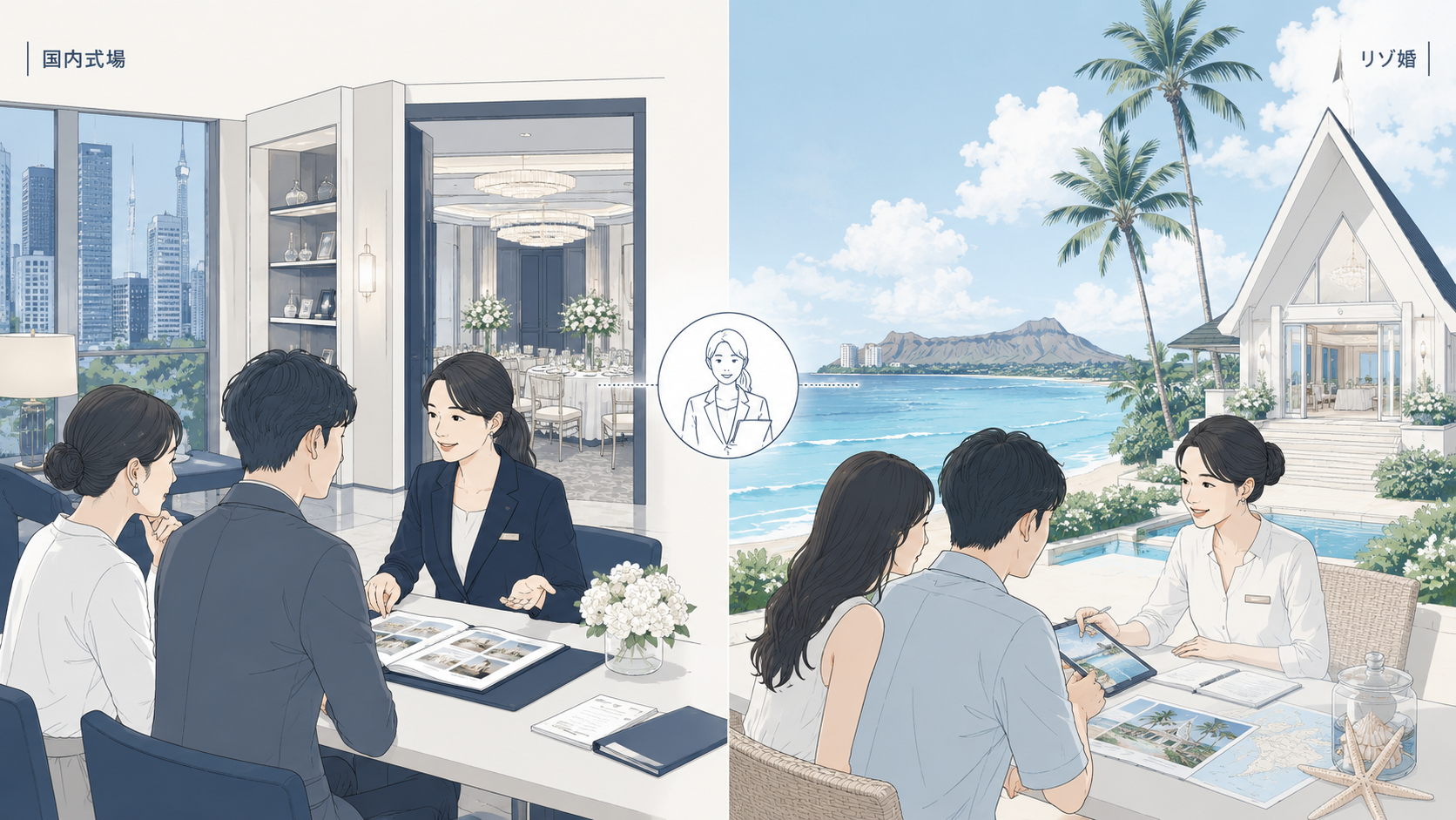 国内式場とリゾ婚式場の対比イラスト