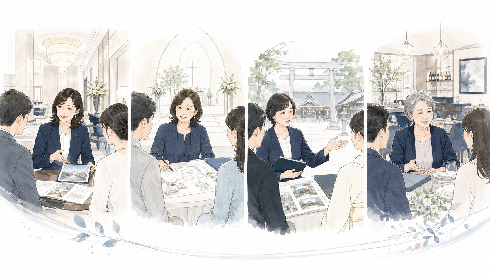 30代・40代・50代・60代と幅のある世代のウェディングプランナーがそれぞれ違う会場(ホテル・専門式場・神社挙式・レストラン)で接客する様子を1枚に並べた構図