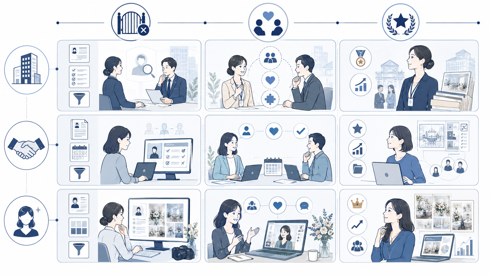 雇用形態(正社員 / 業務委託 / 自己ブランド型フリーランス)を縦軸、年齢上限の意味(中途採用ハードル / 人柄重視 / 経験が武器)を横軸にした3列マトリクス
