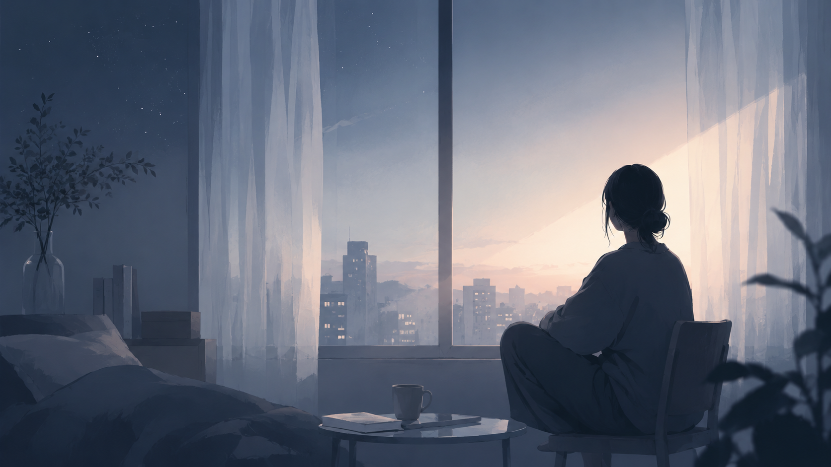夜の窓辺で考え事をしている人物のシルエットと、薄く差し込む朝の光