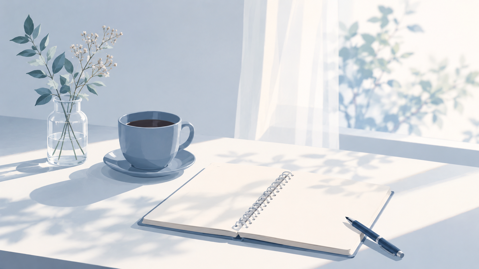 静かな朝の机の上に、コーヒーカップとノートが置かれているシンプルなフラットイラスト