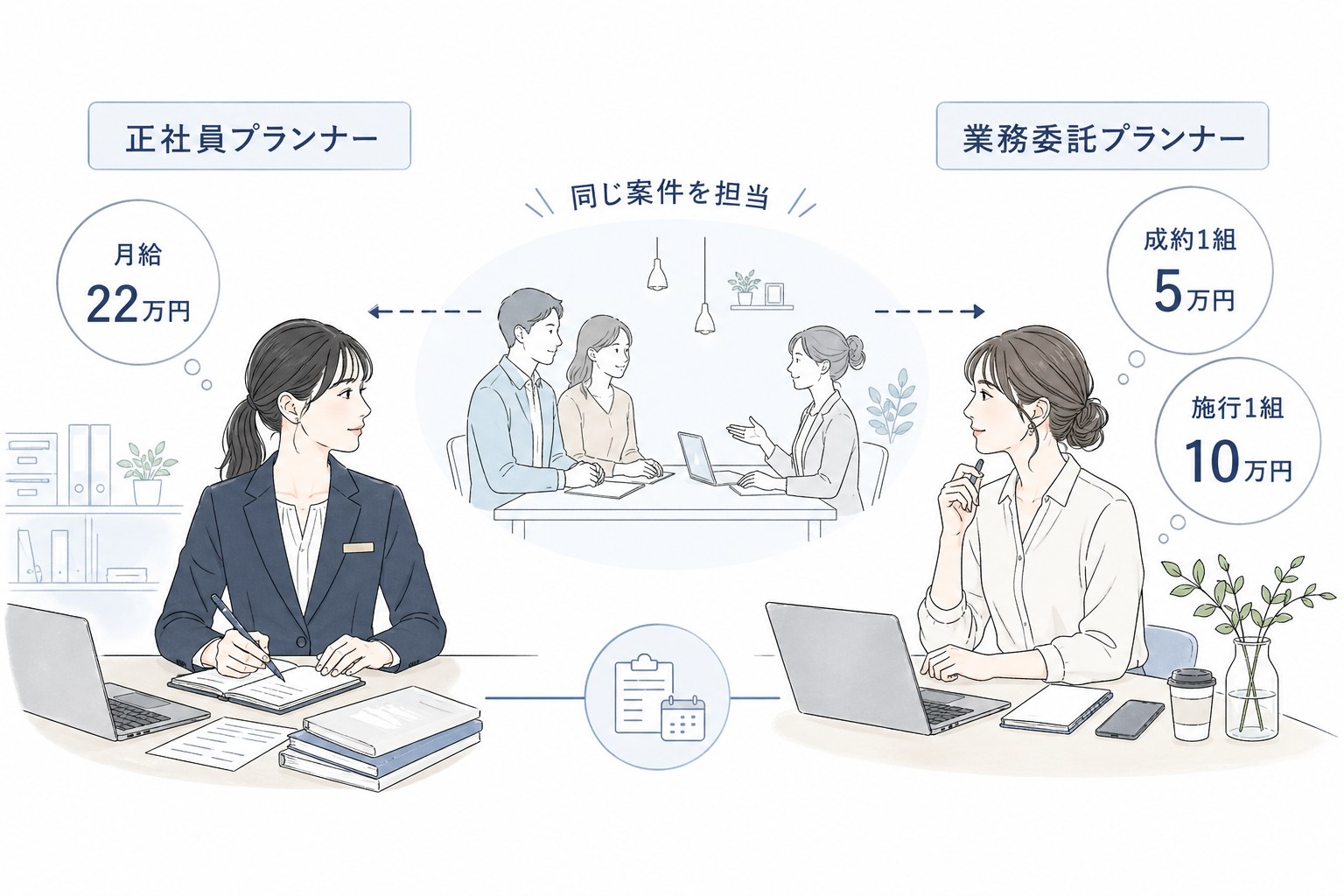 正社員プランナーと業務委託プランナーの報酬の違いを示すイメージ図
