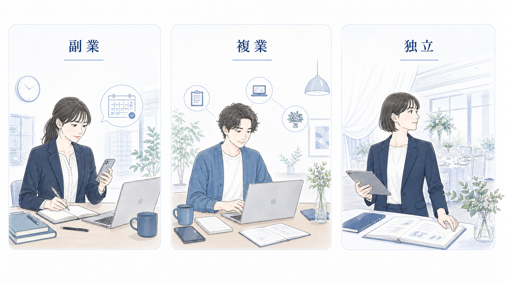 業務委託プランナーの3つの始め方パターンを示すイメージ図