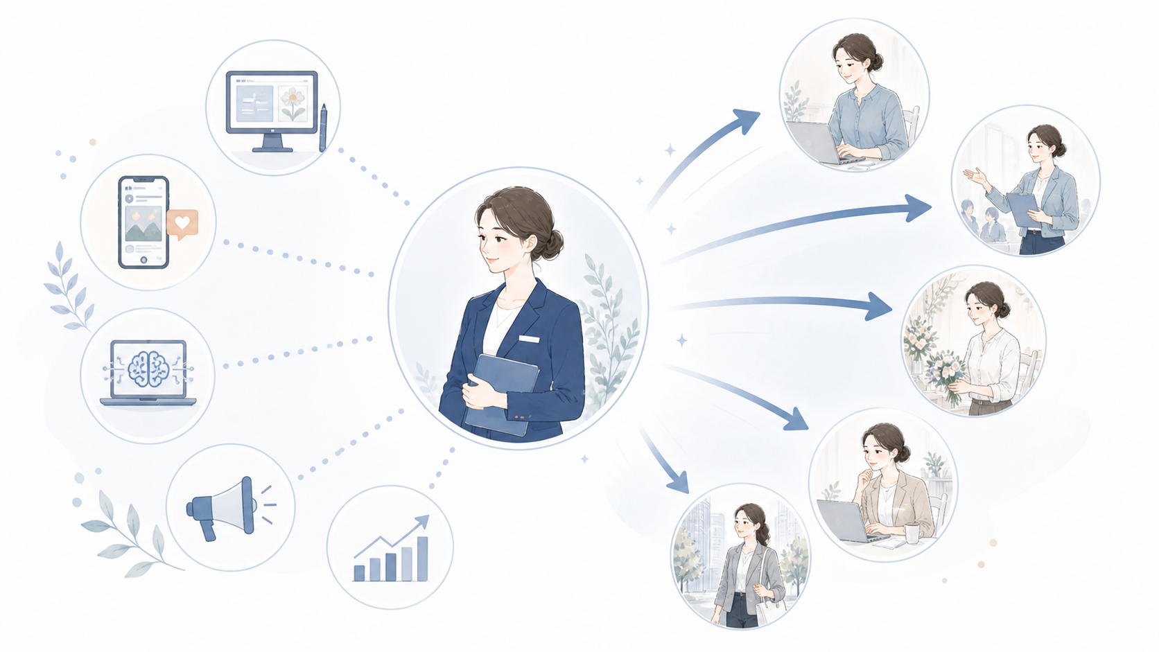 プランナーアイコン × 業務外スキルアイコン(デザイン/SNS/AI/PR/ビジネス) 