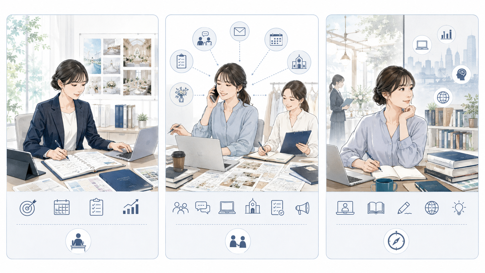 3 列マトリクス。①企業内プランナー(専門性・合理的)/ ②フリーランス + アシスタント雇用(網羅性・幅広業務)/ ③キャリアの踊り場(業務委託で稼働しながら別業界の学び)の3つの成長機会パターン