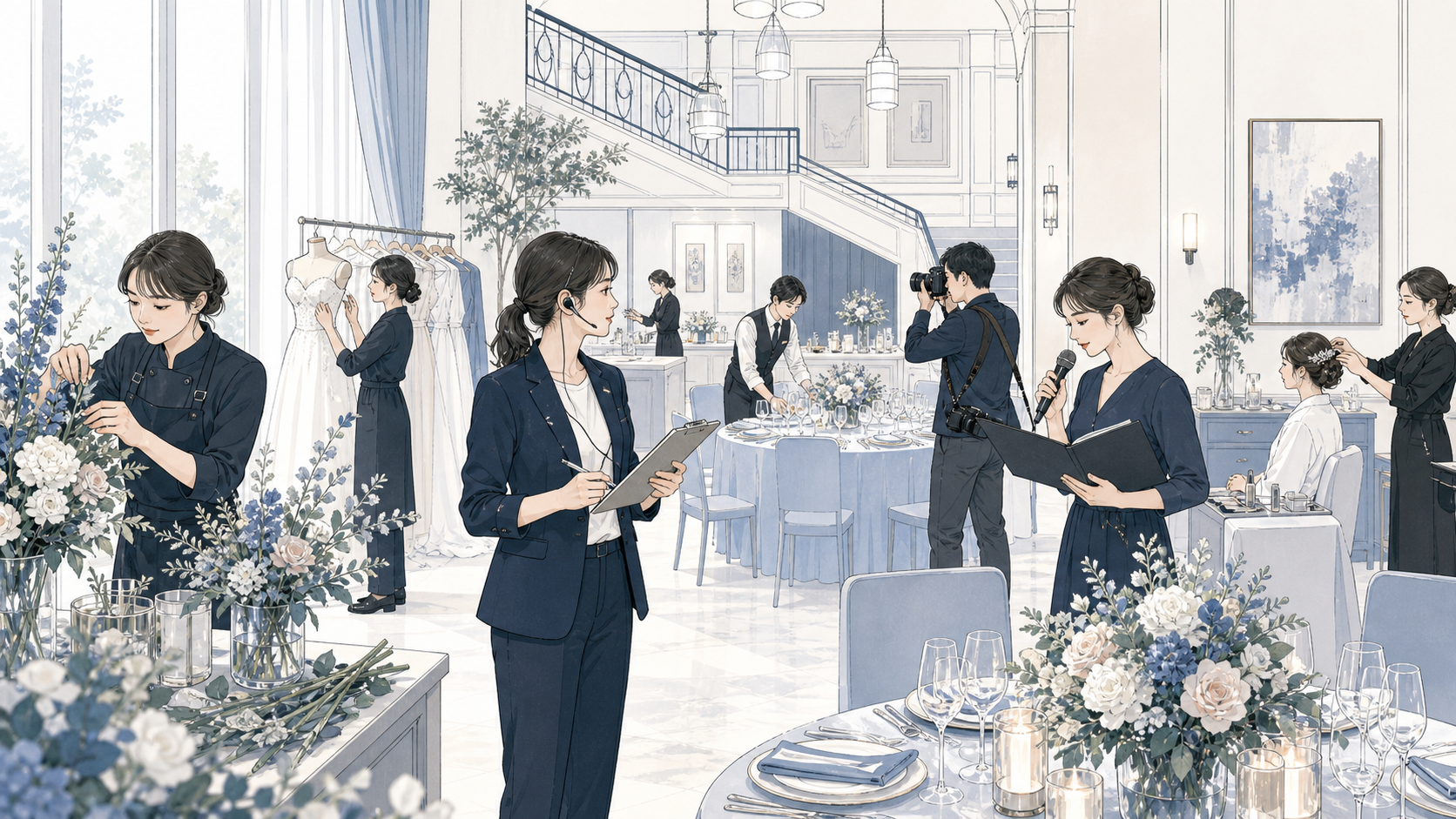 結婚式に関わるさまざまな職種の人(プランナー、装花、衣裳、撮影、司会など)が同じ会場の中で動いているシーン