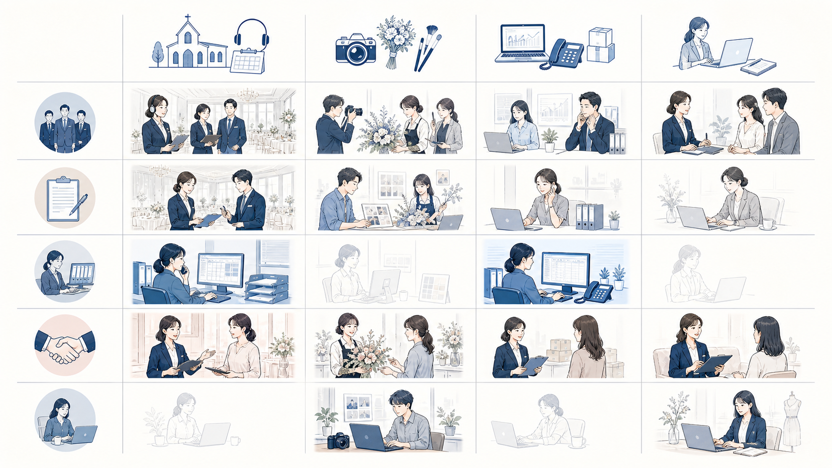 雇用形態5パターン(正社員/契約/派遣/業務委託/副業)を縦軸、職種カテゴリ(運営側/クリエイター/周辺業界/個人受託)を横軸にした俯瞰マップ