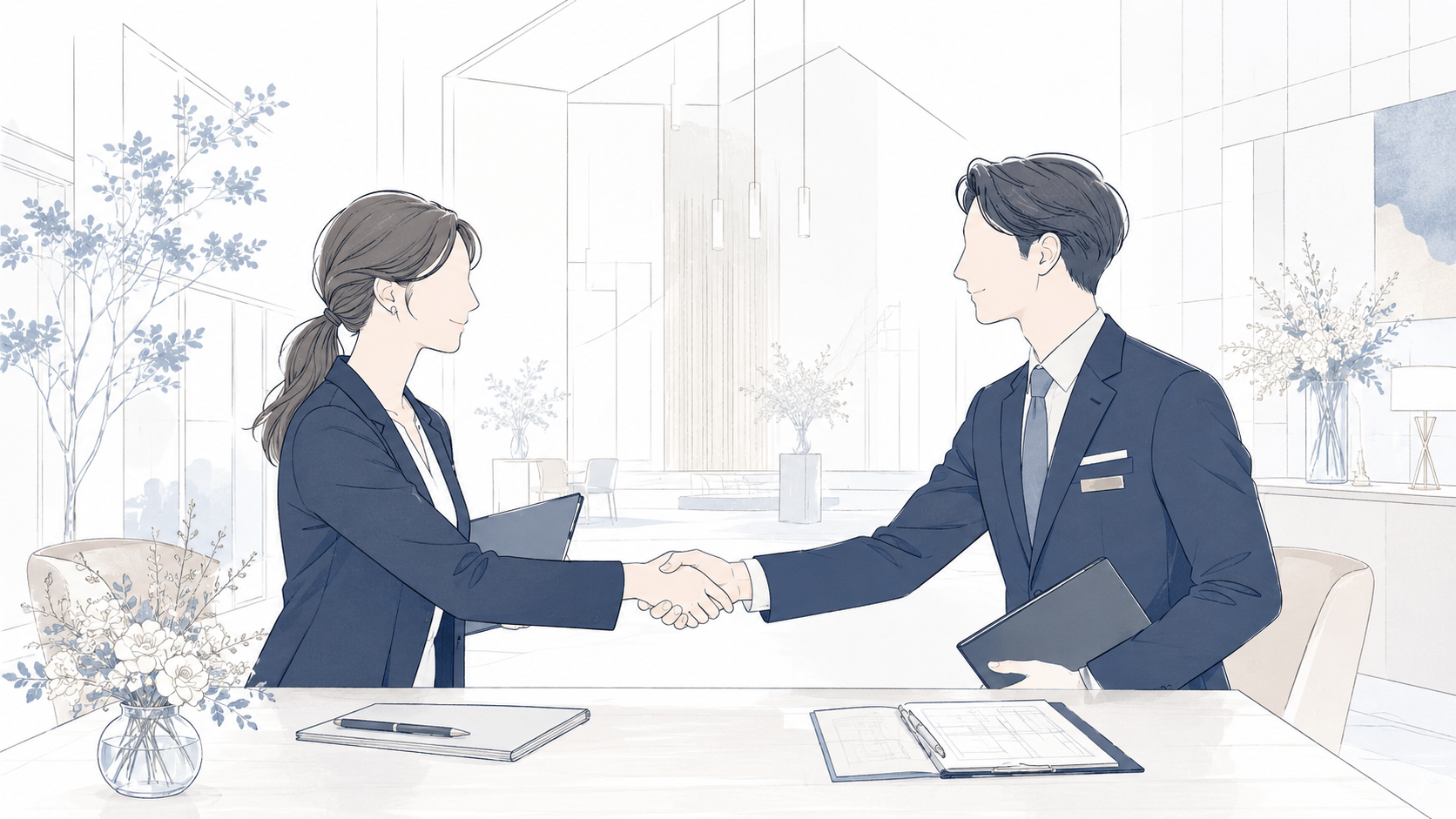 フリープランナーと式場担当者の信頼関係を象徴するイラスト