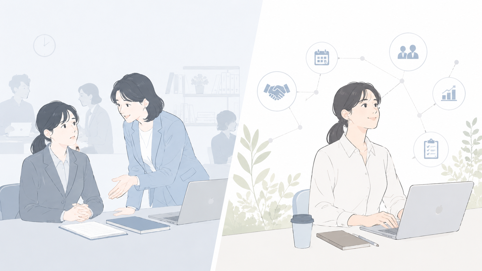 雇用契約と業務委託契約で求められるマインドセットの違いを示すイメージ図