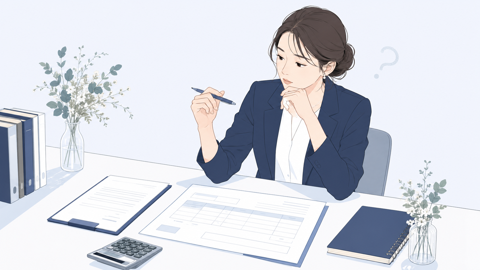 インボイスの登録番号欄を前に判断がつかない業務委託プランナーのイラスト