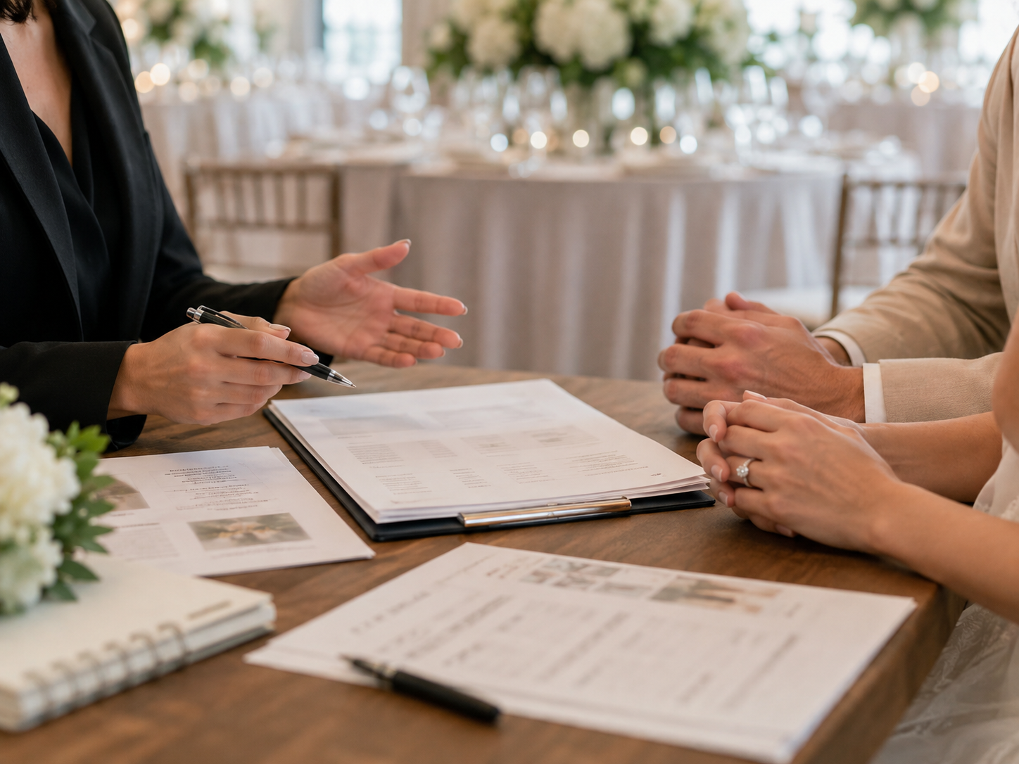打合せテーブルで結婚式の見積書を検討するプランナーとカップルの手元のイメージ写真
