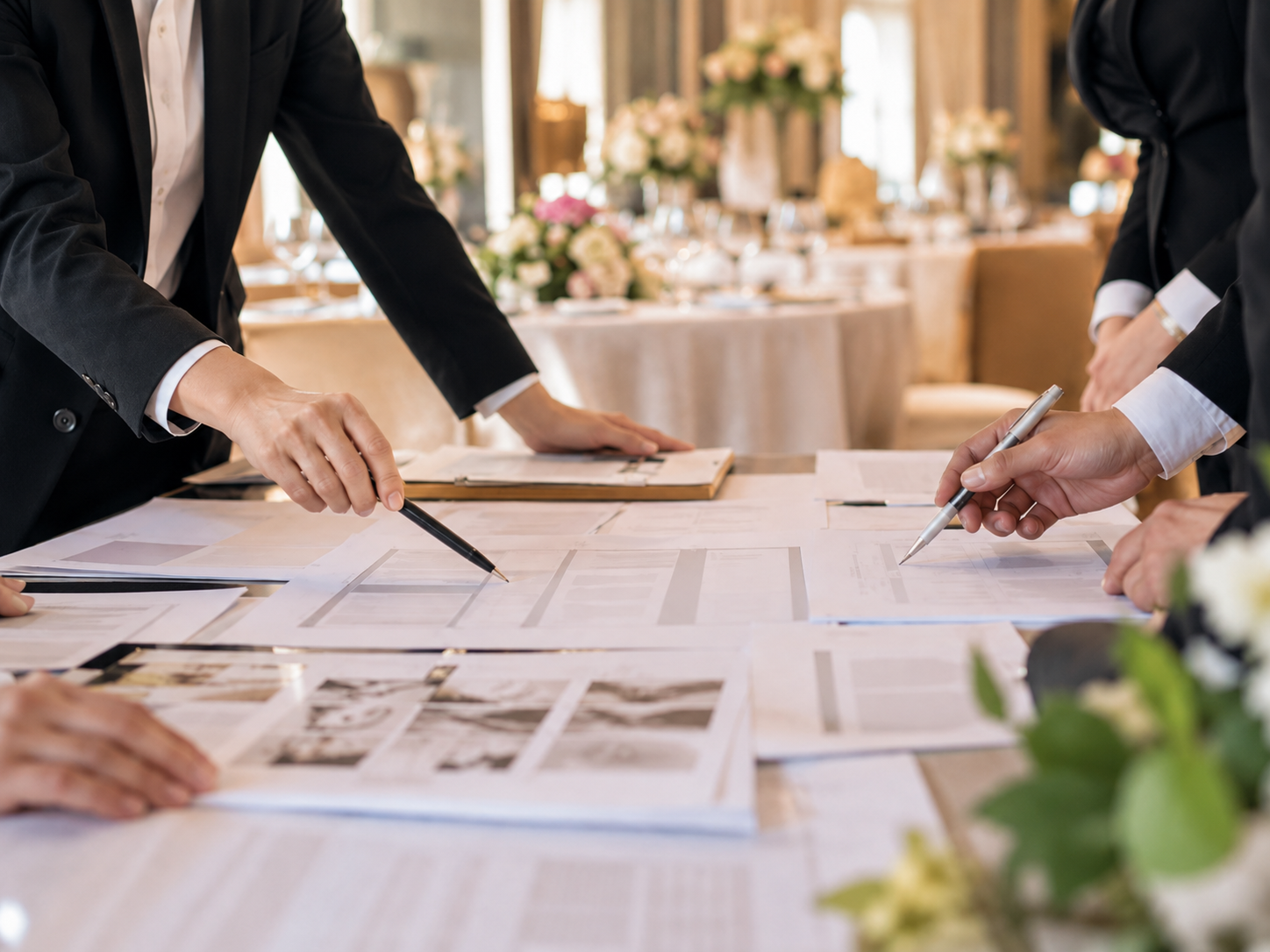 披露宴会場で進行表を囲んで打合せする結婚式場スタッフの手元のイメージ写真