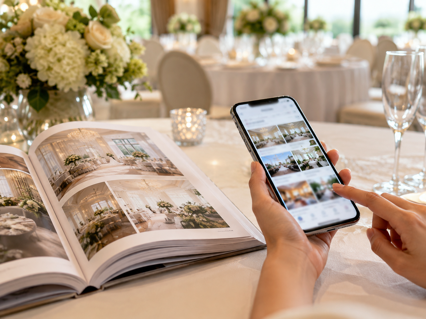 結婚情報誌とスマホで式場写真を見比べる手元、奥に披露宴会場が見える情報収集のイメージ写真