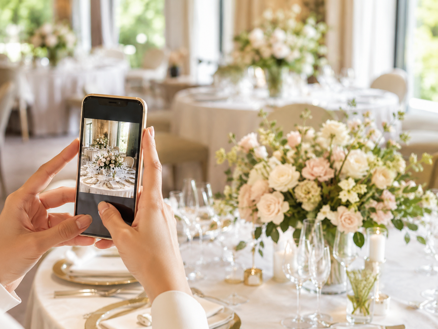 結婚式場の装花をスマートフォンで撮影するSNS集客のイメージ写真