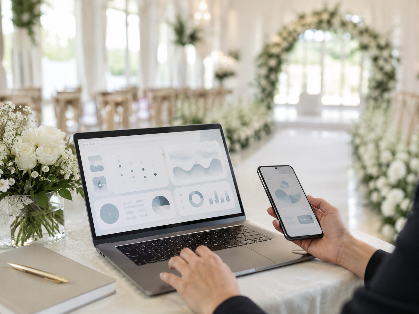 披露宴会場を背景にノートパソコンで作業する、結婚式場のAI活用のイメージ写真
