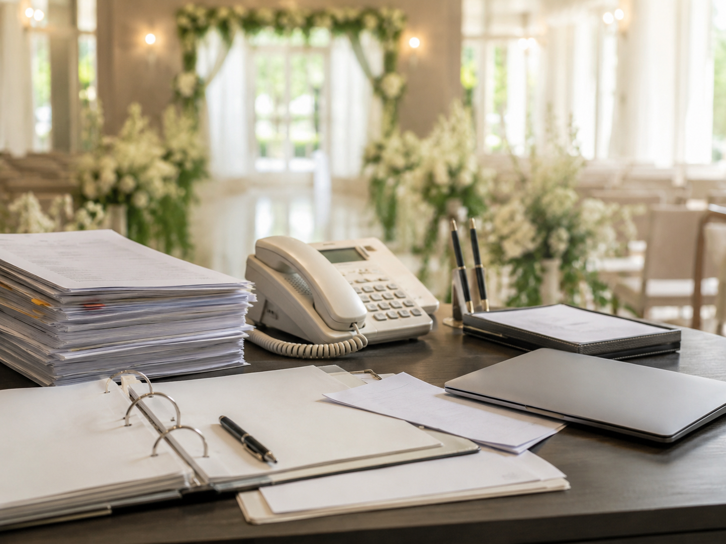 披露宴会場を背景に紙の書類が積まれたデスク、結婚式場のアナログな業務のイメージ写真