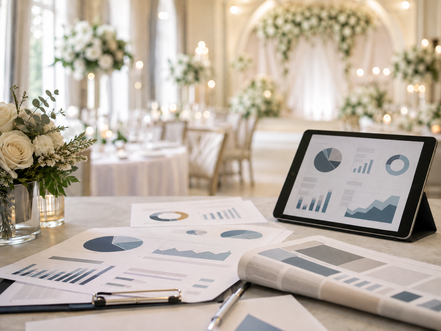 ビジネス資料と新聞が置かれたテーブルの奥に結婚式場が見える業界動向のイメージ写真