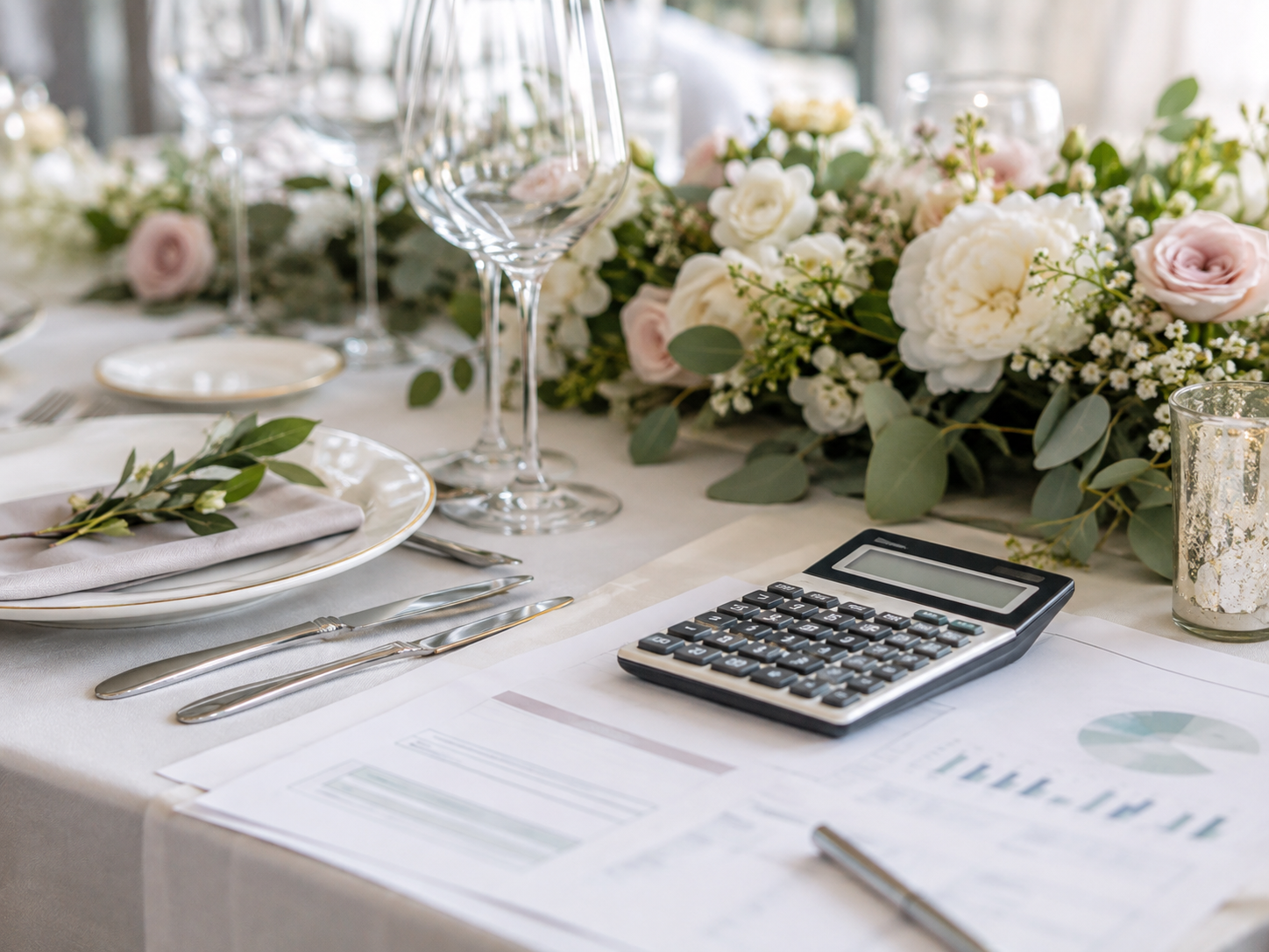 披露宴のテーブルコーディネートと電卓・資料。結婚式の価格構造を考えるイメージ写真