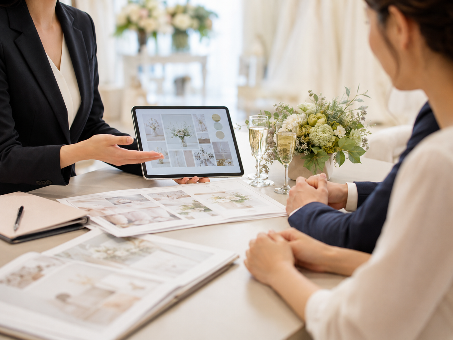 結婚式場のサロンでプランナーがカップルに提案している新規接客のイメージ写真