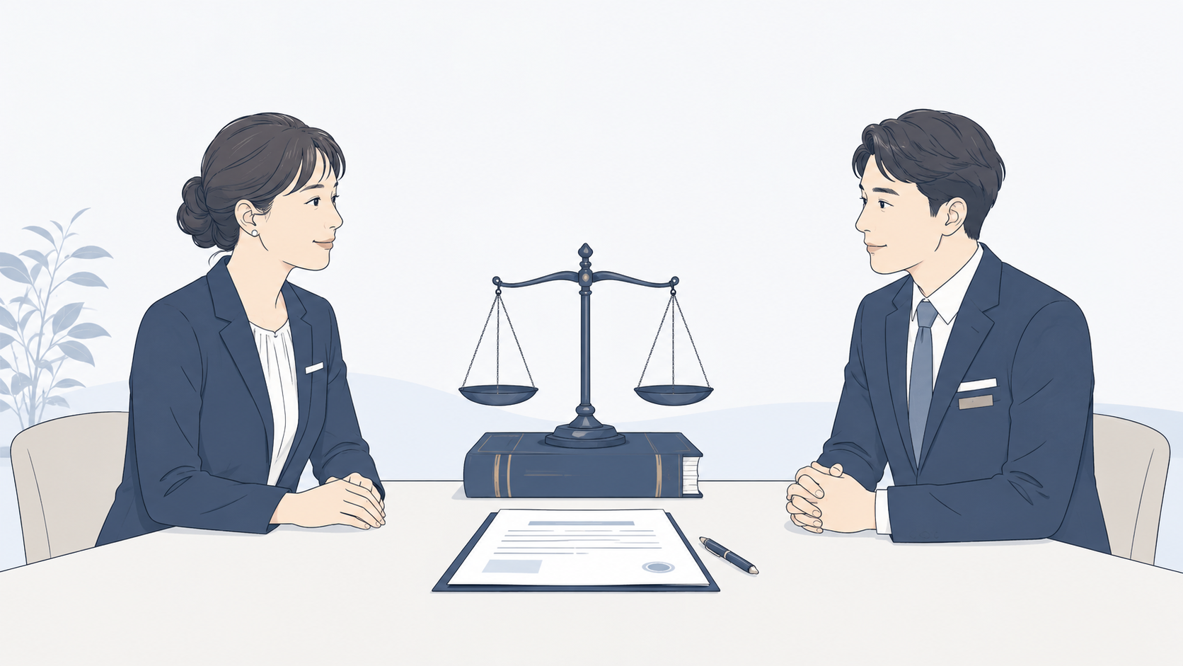 業務委託契約を挟んで向き合うウェディングプランナーと式場担当者を法律が支えるイラスト