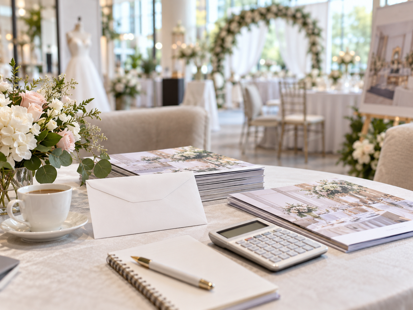 結婚式場のフェア会場のテーブルに置かれた封筒とパンフレットのイメージ写真